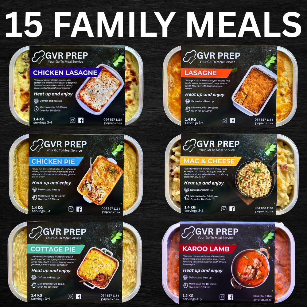 Freshly Frozen, Ready Made meals SA, Home Cooked, Meal Prep, What's for dinner, GVR Prep, Meal Prep, freshly made, Healthy Meals, heat and eat, winter warmers, family dinner, Lamb stew, Chicken Pie, Cottage Pie, Beef Lasagne, Chicken Lasagne, Mac & Cheese, family dinner
