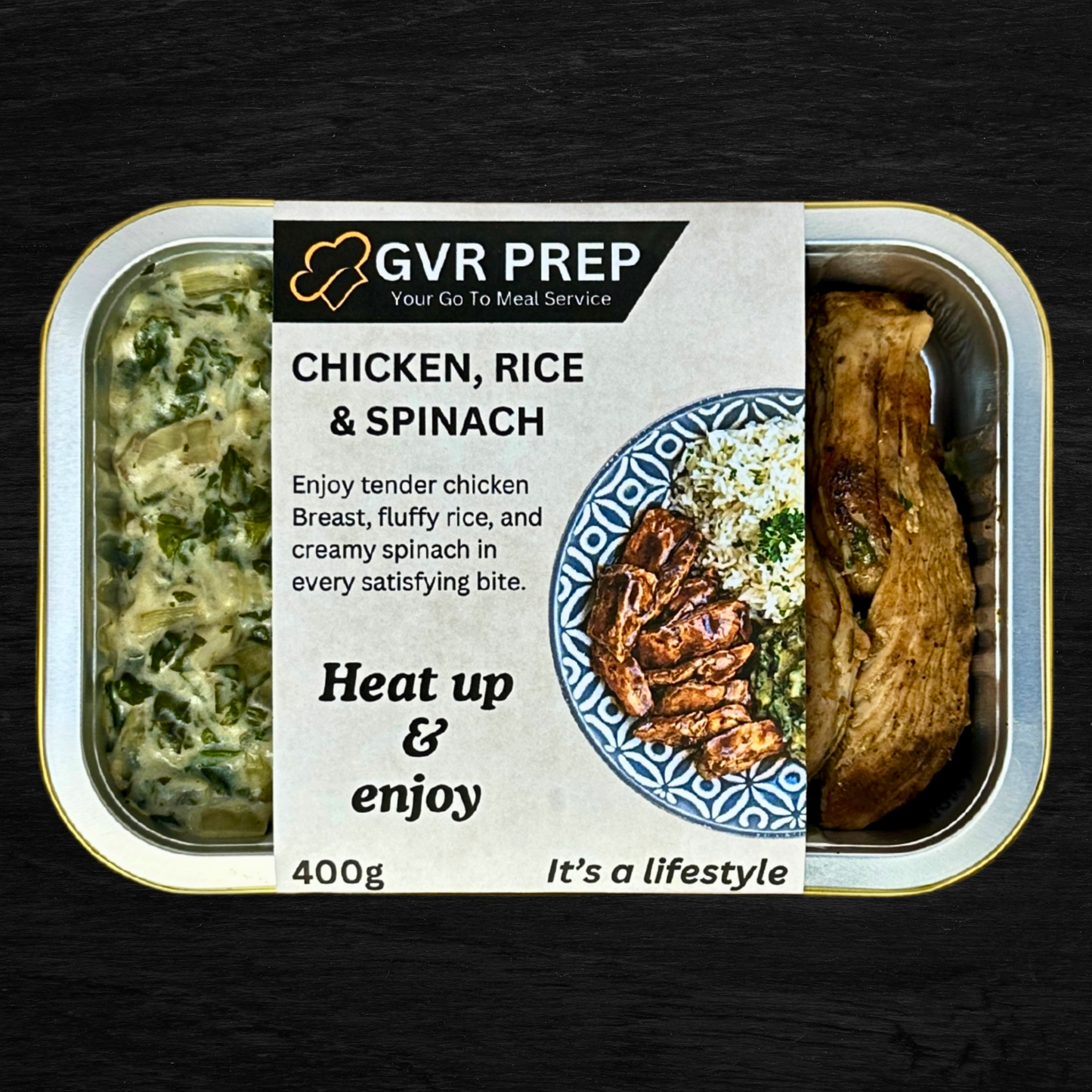 ready made, chicken, food, weekly prepared meals, healthy prepared meals, home delivered frozen meals, ready to made, made ready, creamed spinach and rice, rice & cream spinach, GVR Prep, Packed