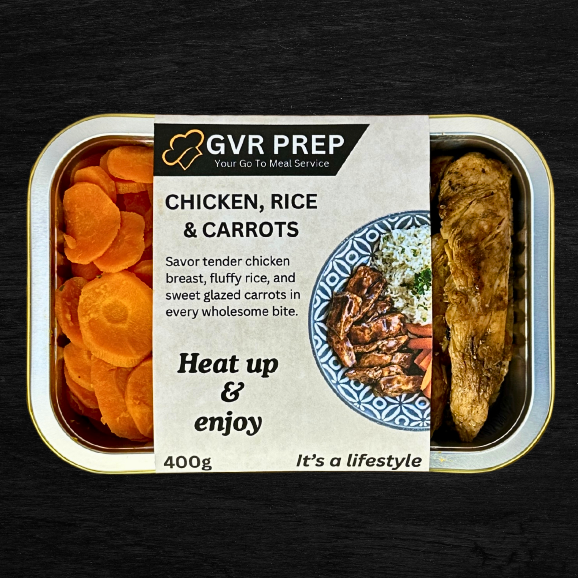 ready made, frozen meals, gvrprep, cooked meals, healthy food delivered to your door, frozen healthy meals delivered, meal to your door, prepared food delivered to your door, frozen meals delivered to your home, diet pre made meals, diet food delivered to your door, pre made frozen meals delivered, pre prepared food, fresh frozen meals delivered, healthy eating delivered to your door, Chicken, rice & sweet carrots, Plated, GVR Prep