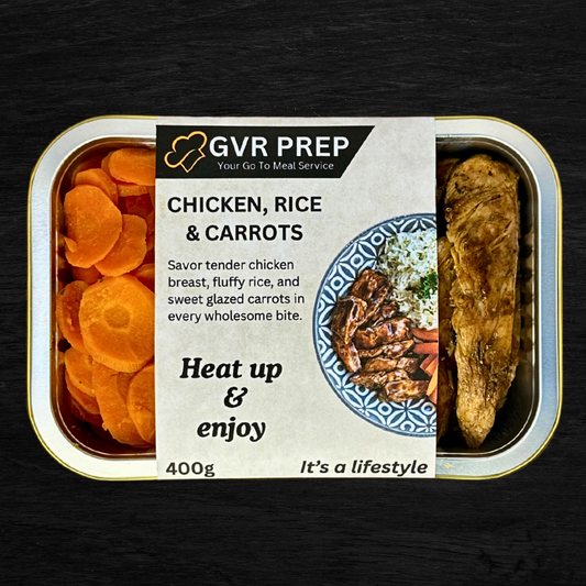 ready made, frozen meals, gvrprep, cooked meals, healthy food delivered to your door, frozen healthy meals delivered, meal to your door, prepared food delivered to your door, frozen meals delivered to your home, diet pre made meals, diet food delivered to your door, pre made frozen meals delivered, pre prepared food, fresh frozen meals delivered, healthy eating delivered to your door, Chicken, rice & sweet carrots, Plated, GVR Prep