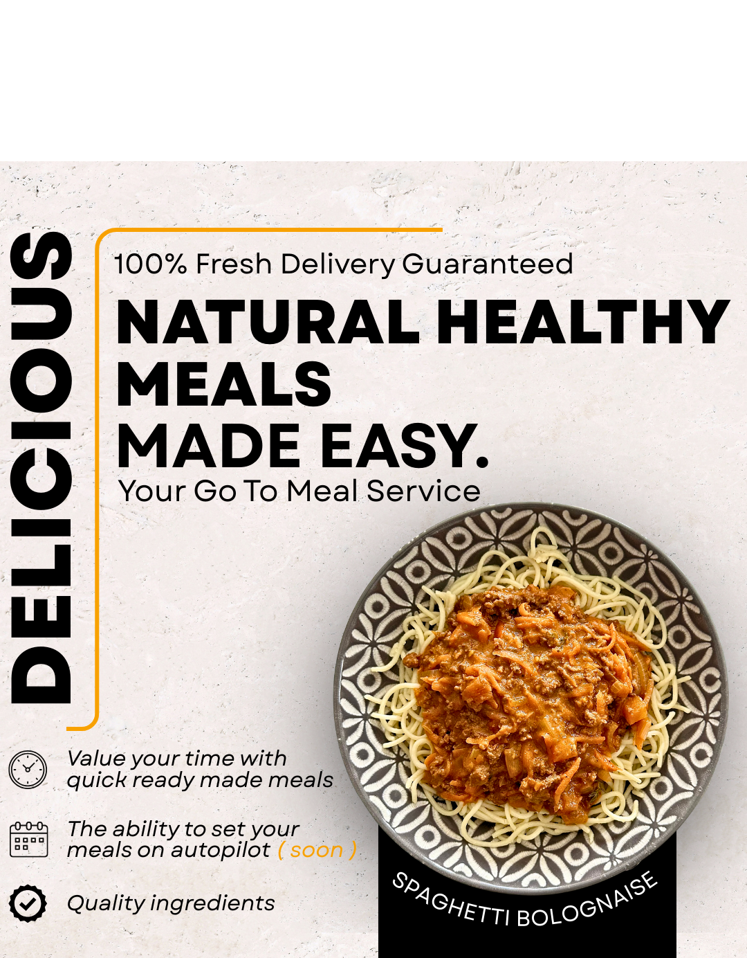 Advertisement for a meal service with spaghetti bolognese on a plate and promotional text.