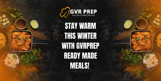 Winter meal delivery by GVR Prep featuring ready-made curry dishes, rice, and herbs with warming winter food message