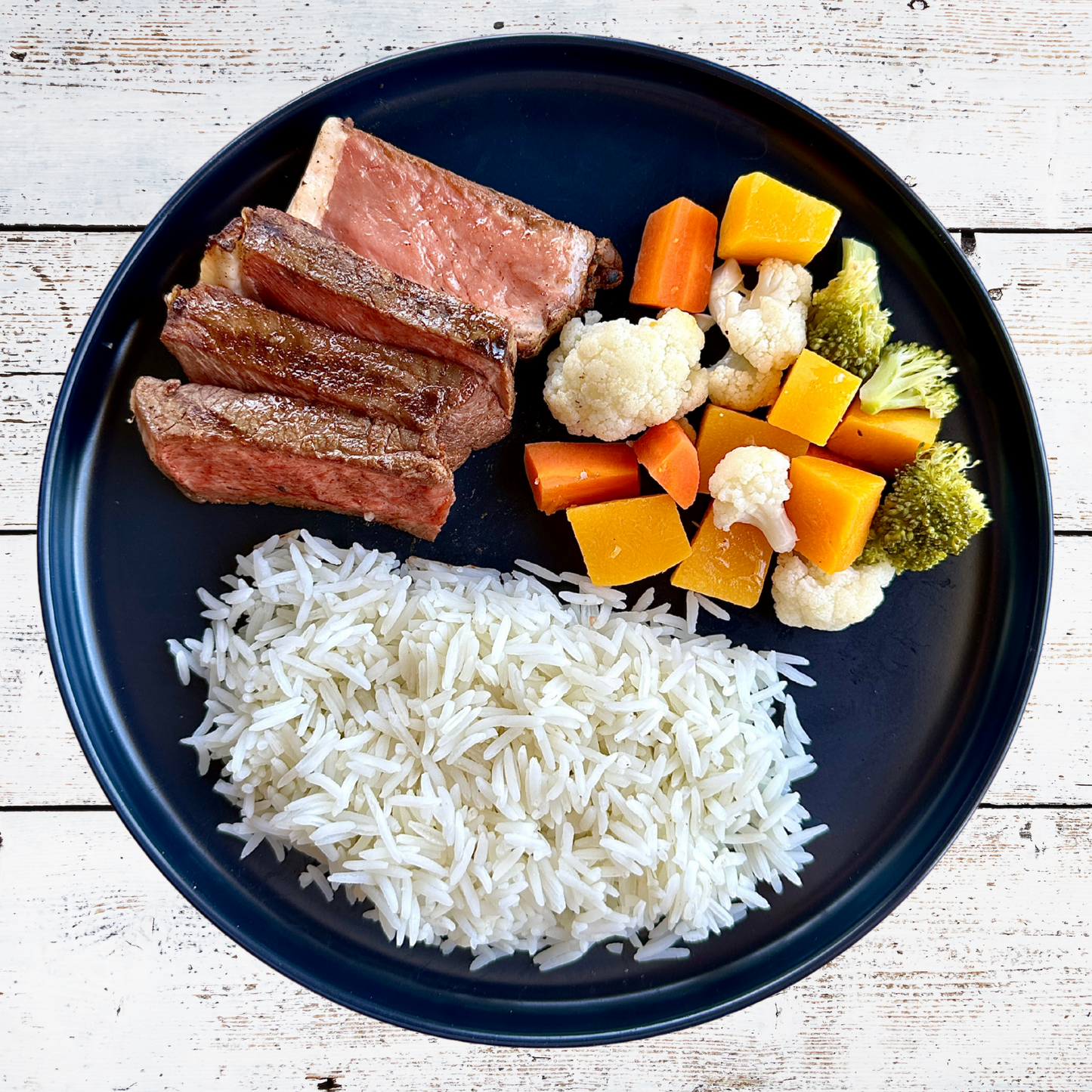 Steak, Basmati & Steamed Country Style Mixed Veg (500g)