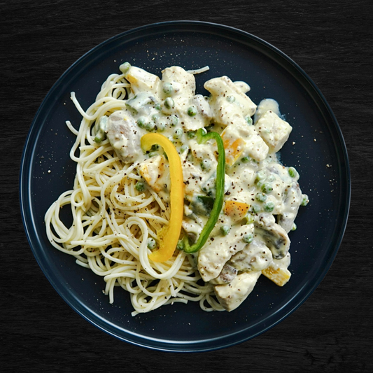 ready made, home cooked, cooked meals, cooked meals delivered to home, home delivered cooked meals, buy home cooked meals, home meals to cook, chicken ala king pasta, GVR Prep, Plated
