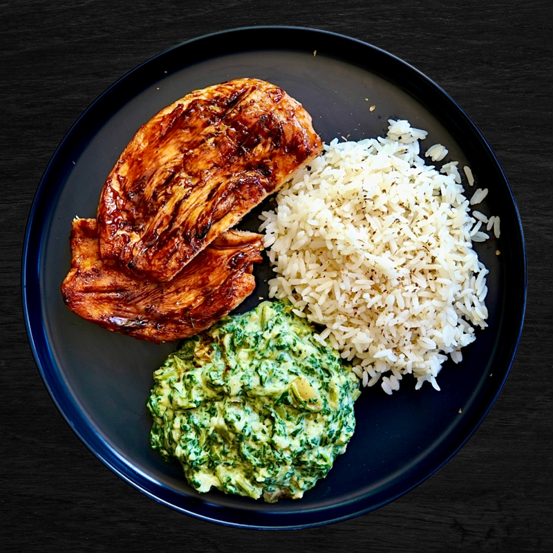 ready made, chicken, food, weekly prepared meals, healthy prepared meals, home delivered frozen meals, ready to made, made ready, creamed spinach and rice, rice & cream spinach, GVR Prep, Plated