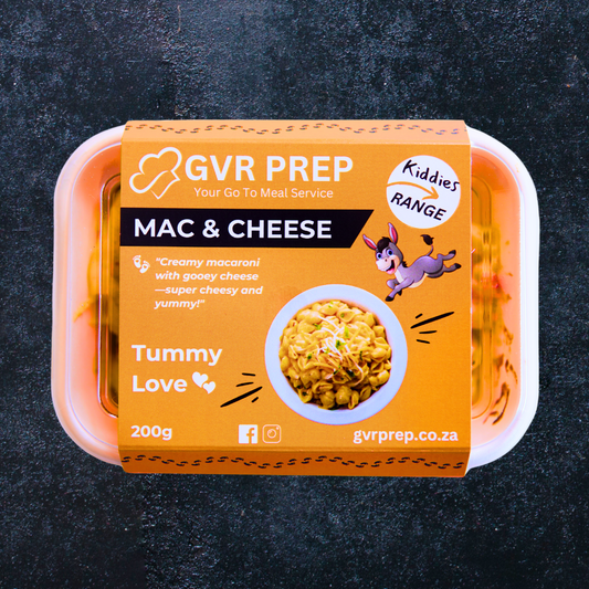 Kiddies Mac & Cheese, ready-made, deliver to your door, frozen meals, gvrprep, kiddies meals, kids, healthy food delivered to your door, frozen healthy meals delivered, meal prep to your door, meal prep delivered to your door, frozen meals delivered to your door, frozen diet meals delivered, frozen meals delivered to your home, microwave meals delivered to your home, prepared frozen meals delivered, pre made frozen meals delivered, GVR Prep, Packed, Kiddies Meals, Children 