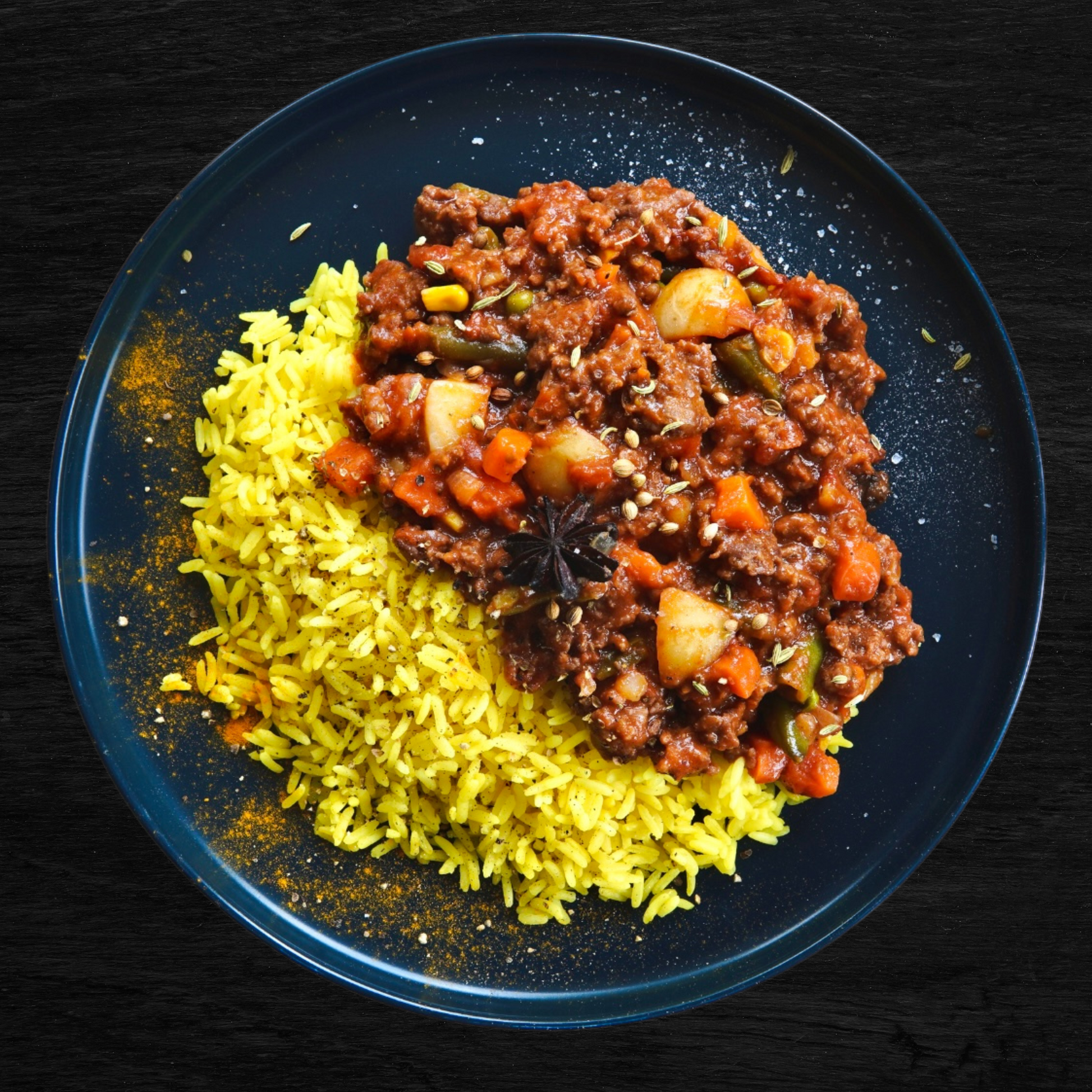 curried mince and rice, cook at home meals, home cooked meals, ready made, home cooked, pre made meals delivered to your door, prepared food delivered to your door. cooked meals, GVR Prep, Plated
